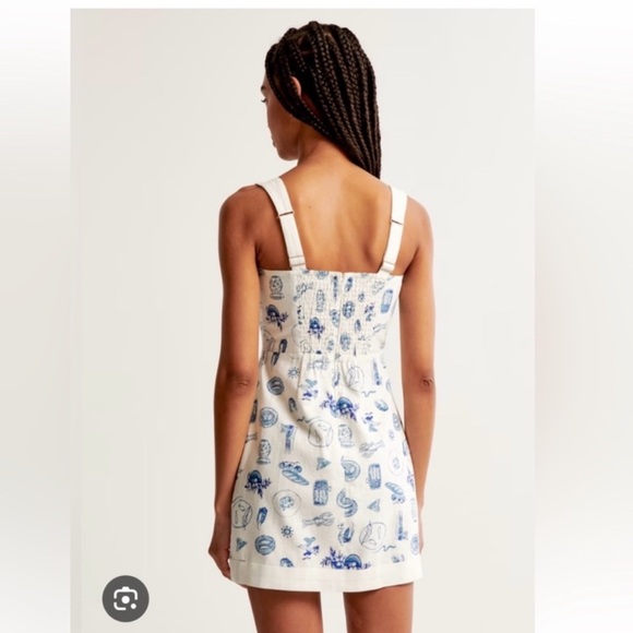 NWT Abercrombie Linen-Blend Wide Strap Mini Dress Mediterranean Greek Print - Picture 2 of 7